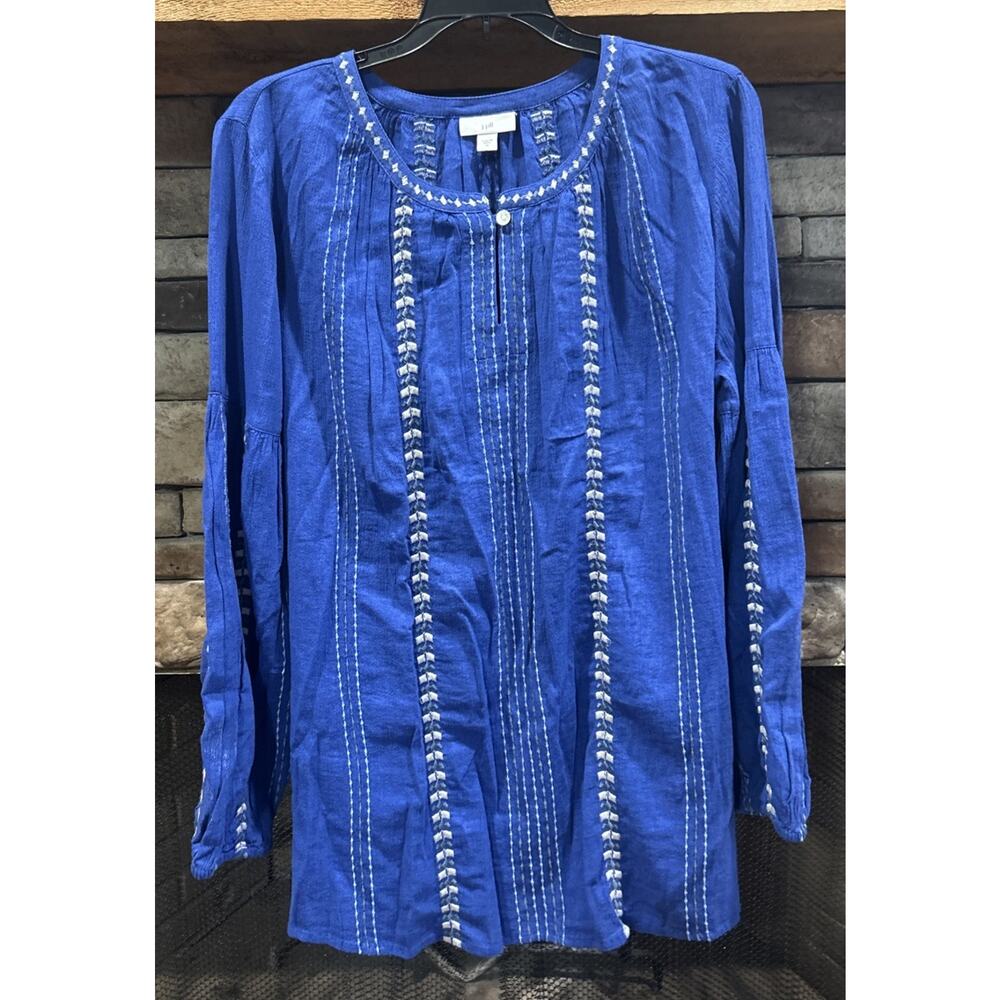 Women’s J.JILL Blue Embroidered Tunic Long Sleeve Shirt Size M *B9